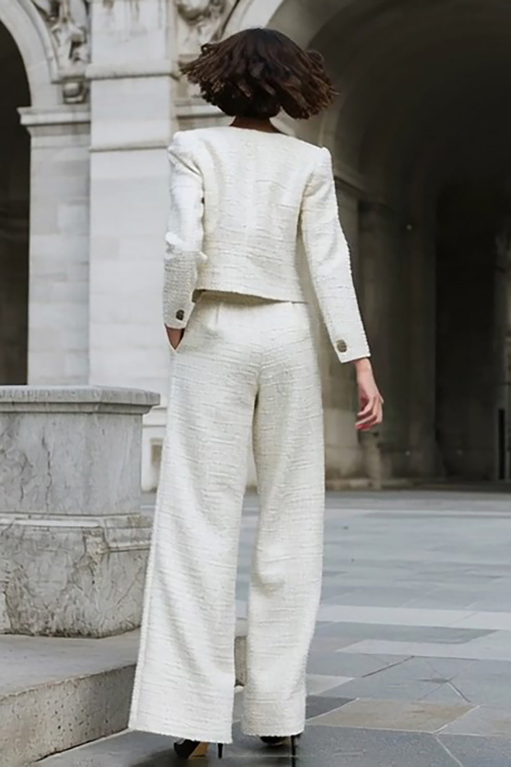 2 Piece Ivory Wide Leg Tweed Interview Outfits with Pockets