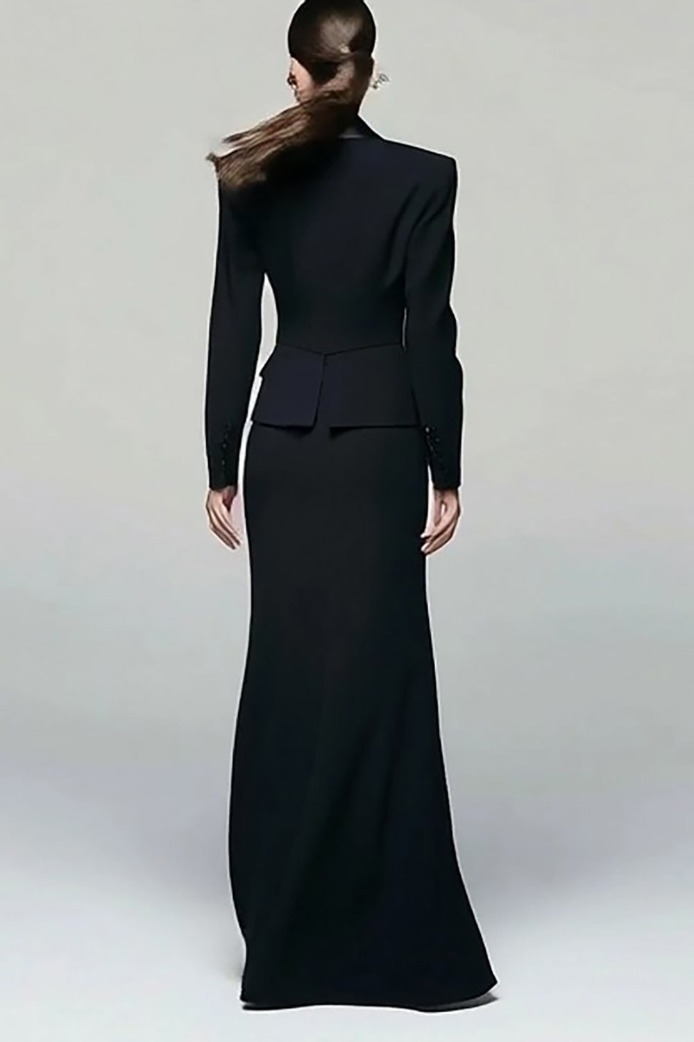 2 Piece Black Peak Lapel Pencil Maxi Blazer Dress with Slit