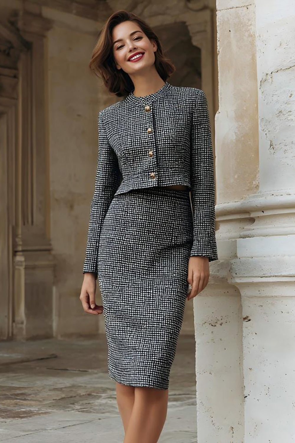 2 Piece Grey Pencil Midi Tweed Midi Interview Outfits with Slit