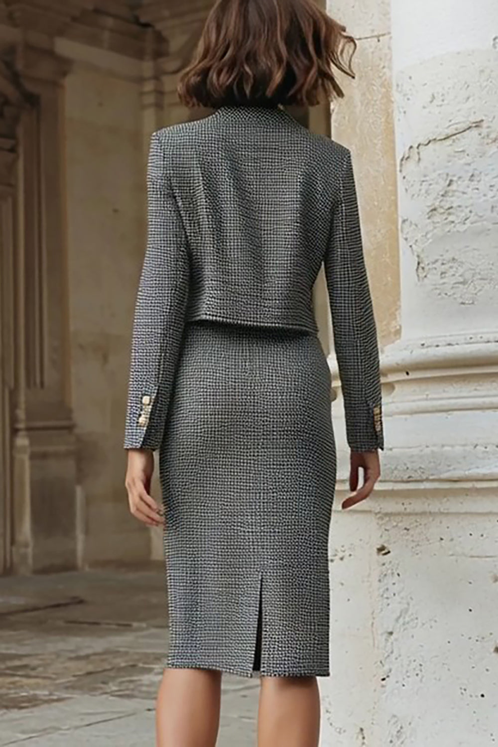 2 Piece Grey Pencil Midi Tweed Midi Interview Outfits with Slit