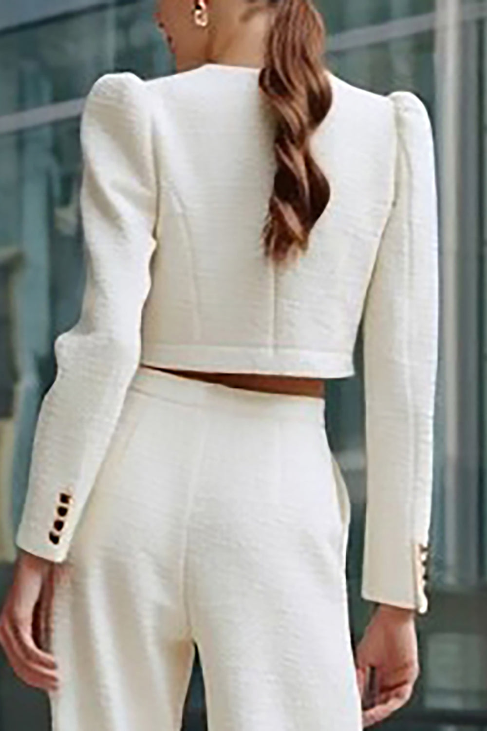 2 Piece Ivory Single Breasted Tweed Interview Outfits with Pockets