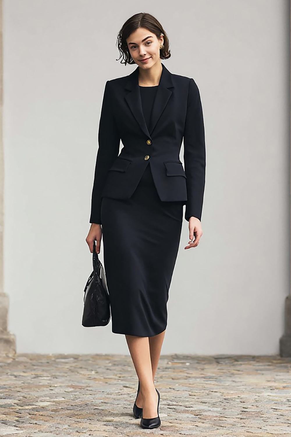 2 Piece Black Notched Lapel Pencil Midi Business Suits