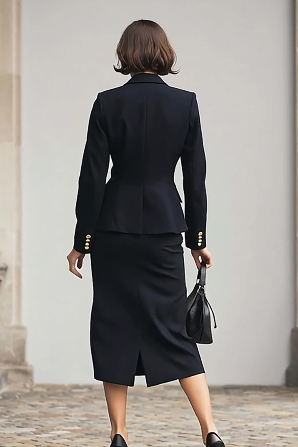 2 Piece Black Notched Lapel Pencil Midi Business Suits