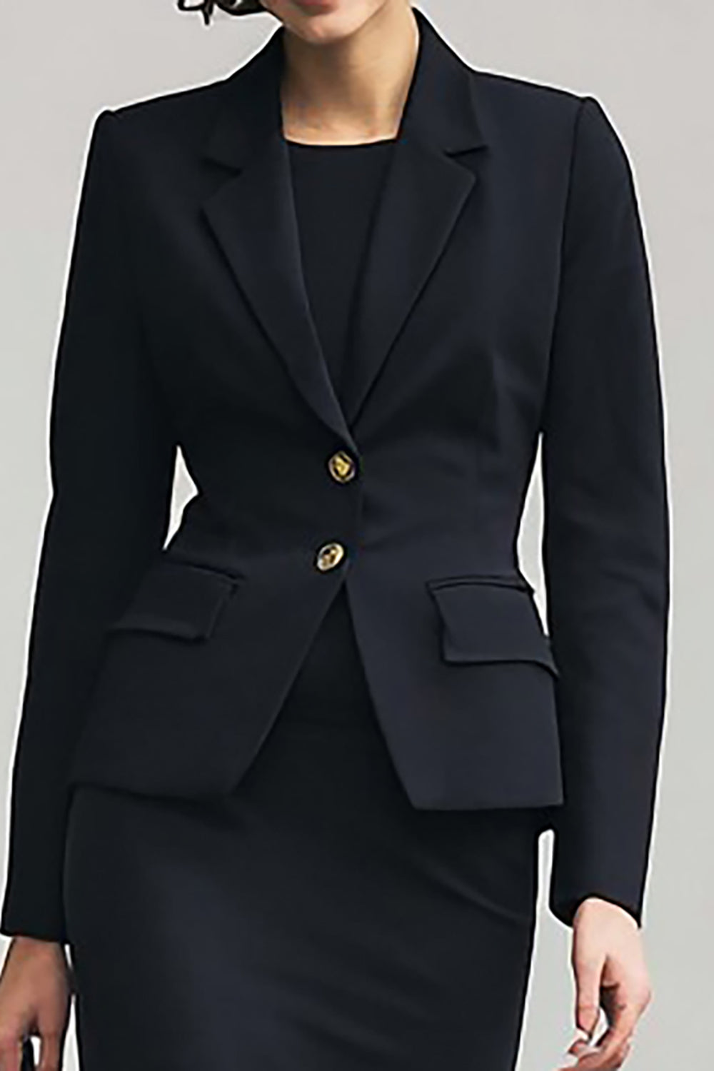 2 Piece Black Notched Lapel Pencil Midi Business Suits
