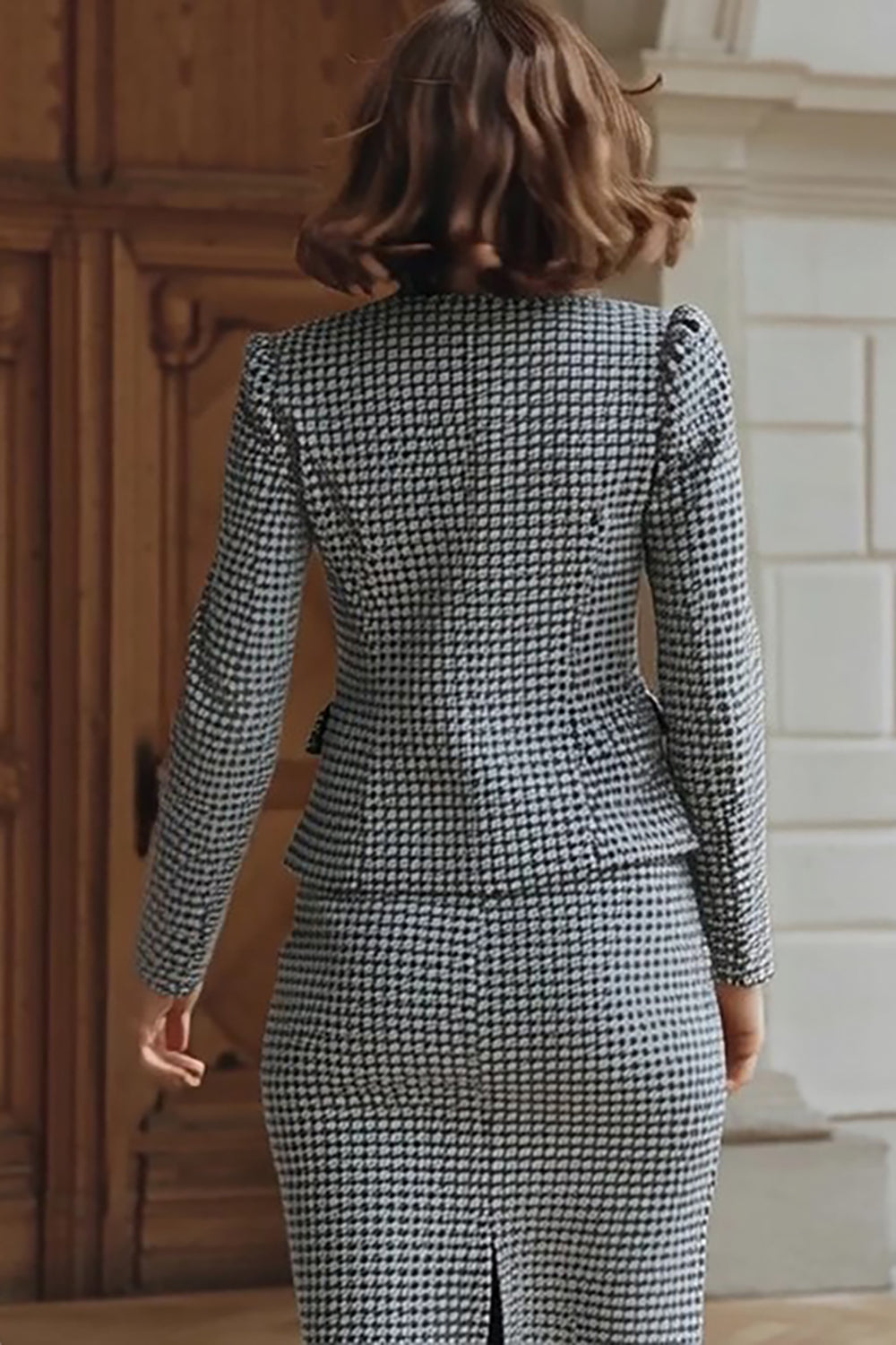 2 Piece Grey Plaid Single Breasted Pencil Midi Tweed Interview Outfits
