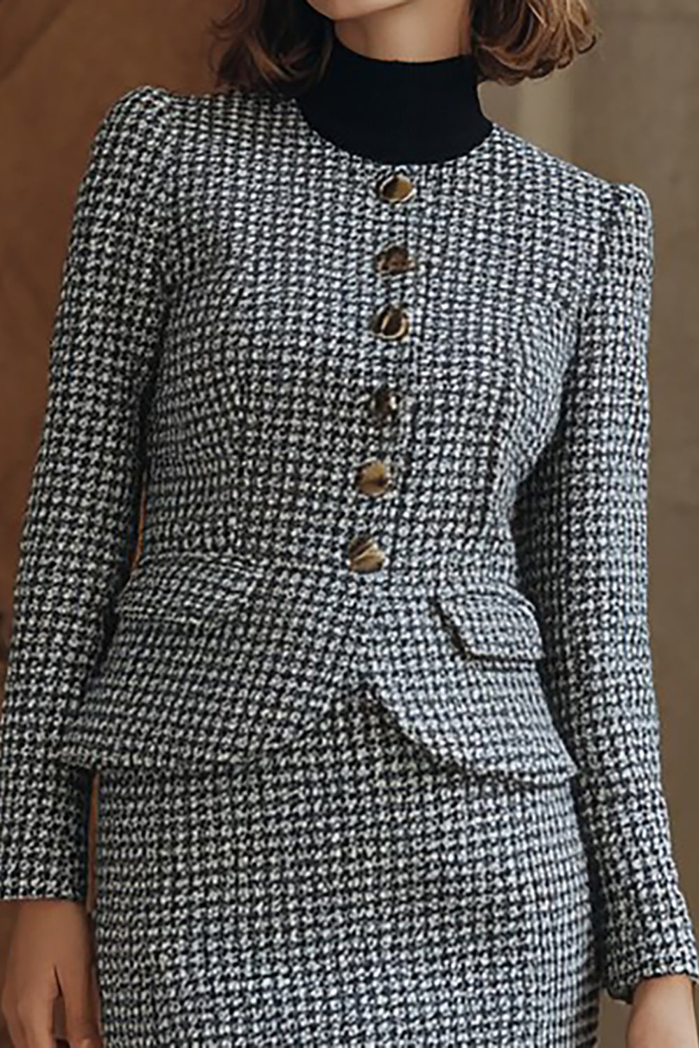 2 Piece Grey Plaid Single Breasted Pencil Midi Tweed Interview Outfits