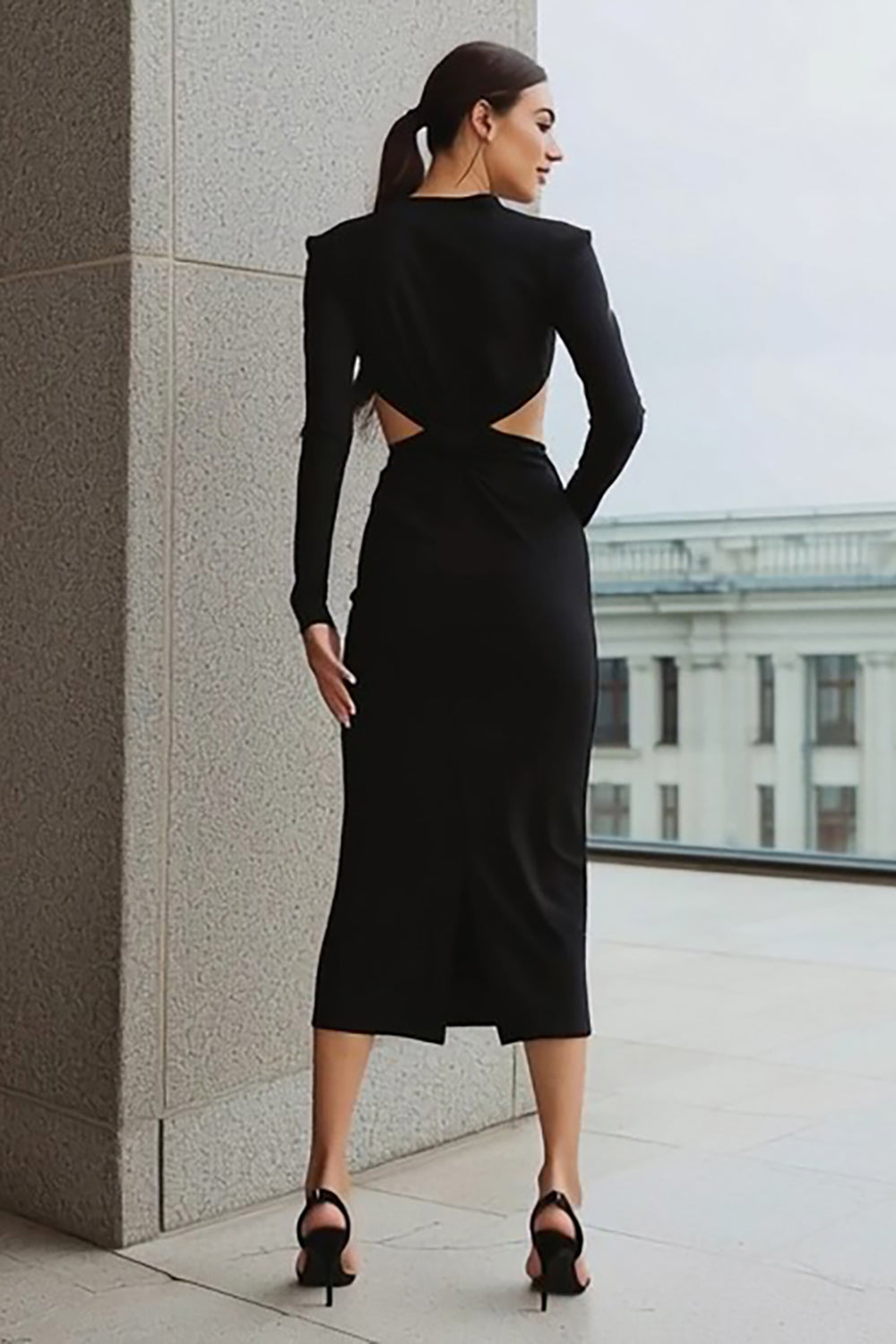 Black Bodycon Cut Out Midi Cocktail Dress with Sleeves