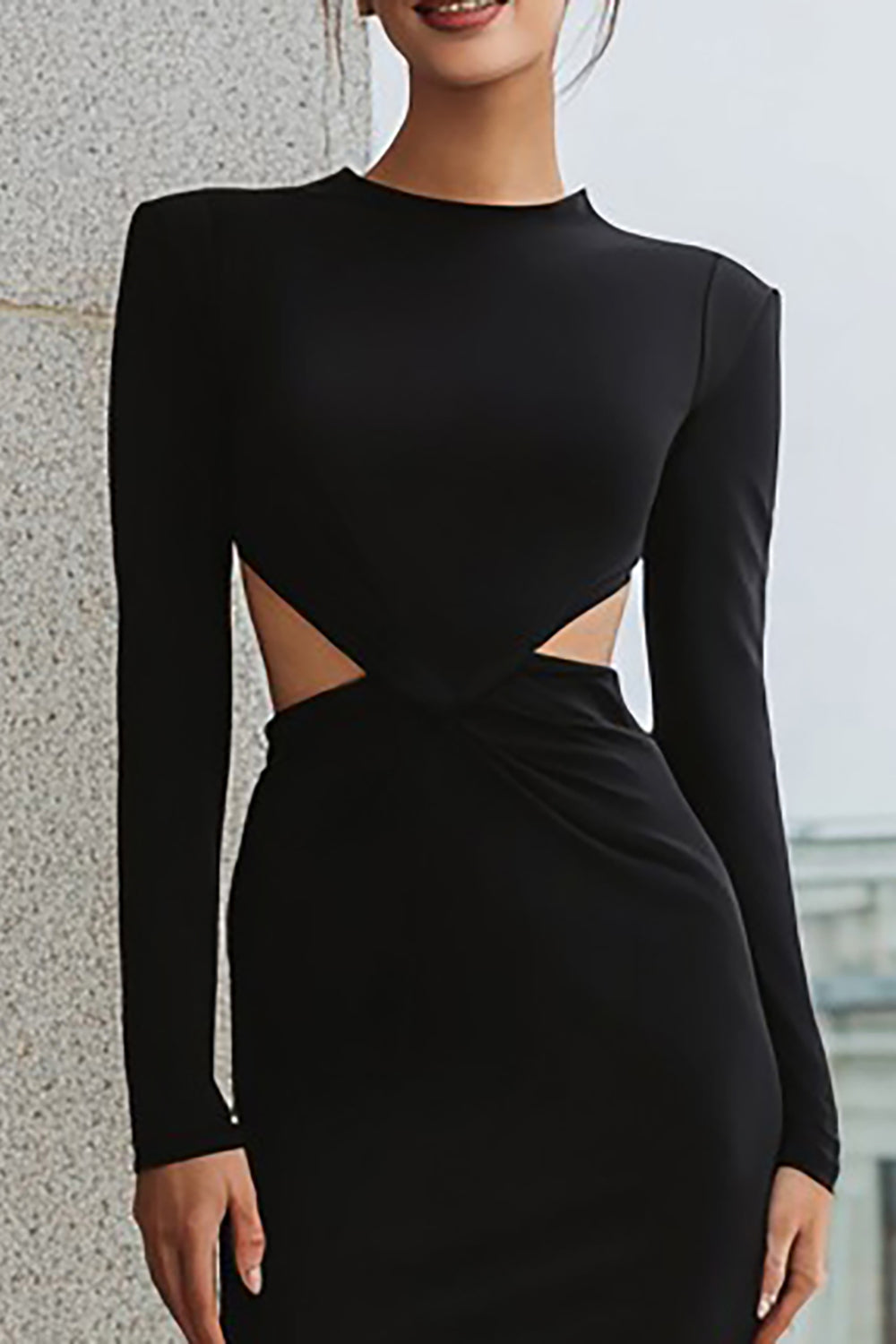 Black Bodycon Cut Out Midi Cocktail Dress with Sleeves