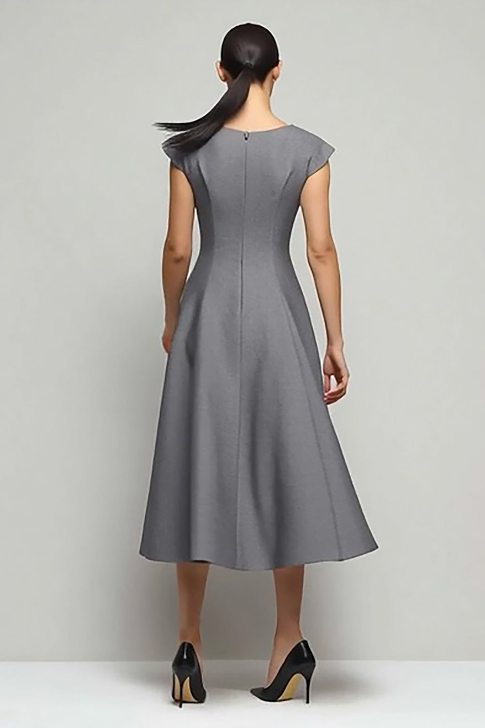 Simple Grey A-Line Boat Neck Midi Work Dress with Sleeves