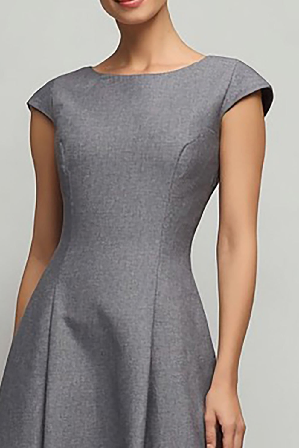 Simple Grey A-Line Boat Neck Midi Work Dress with Sleeves