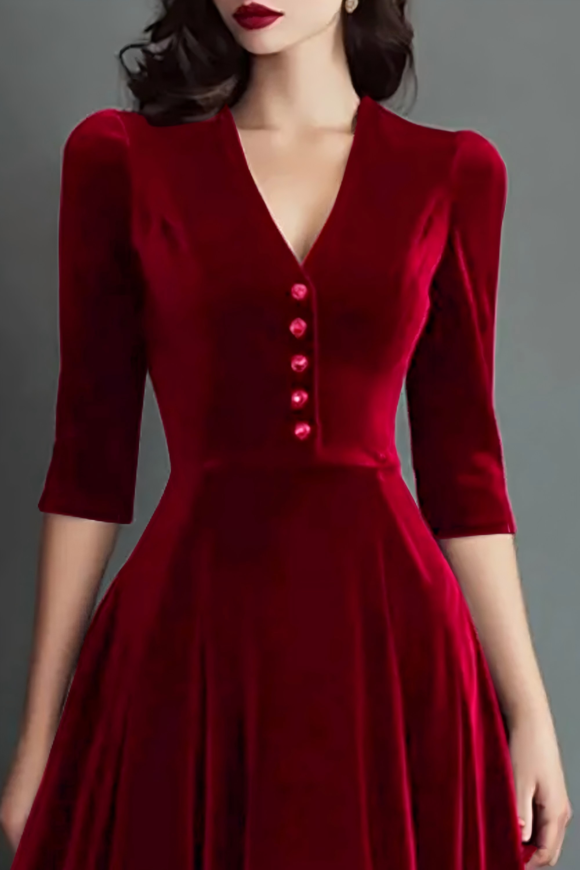 Burgundy Velvet V-Neck A Line Midi Cocktail Party Dress with Sleeves