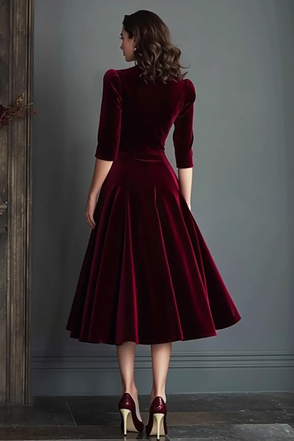 Burgundy Velvet V-Neck A Line Midi Holiday Party Dress