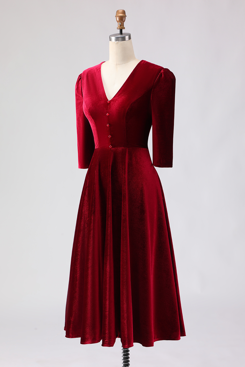 Burgundy Velvet A Line V-Neck Midi Holiday Party Dress with Sleeves