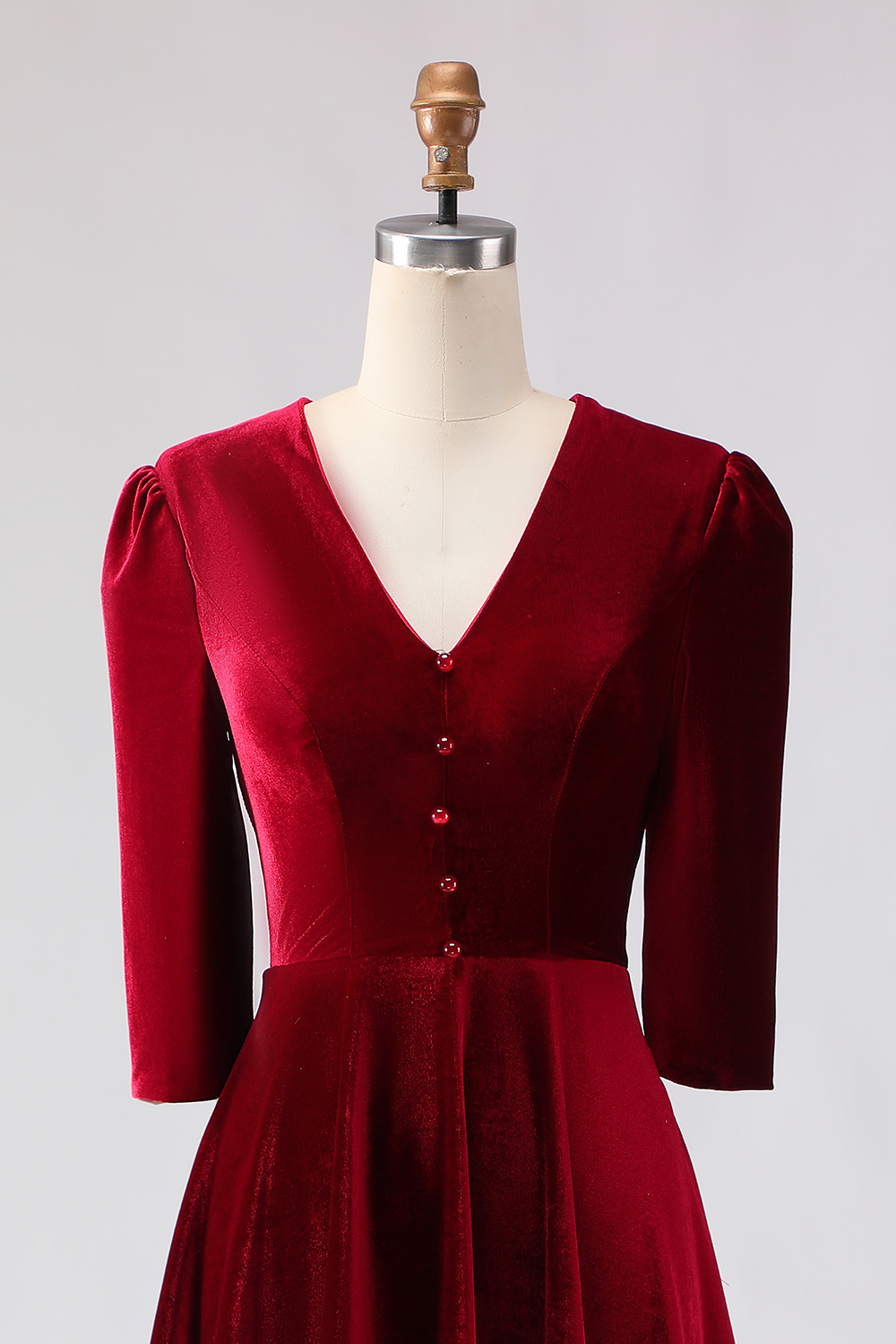 Burgundy Velvet A Line V-Neck Midi Holiday Party Dress with Sleeves