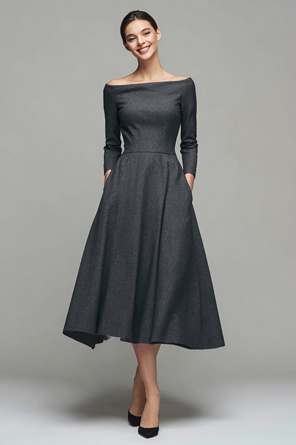 Dark Grey Off the Shoulder A-Line Midi Work Dress with Sleeves