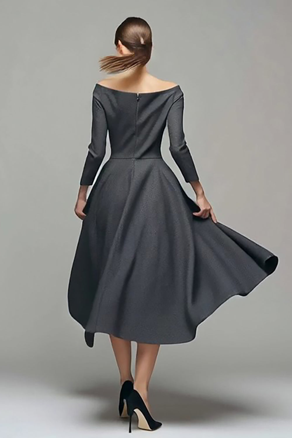 Dark Grey Off the Shoulder A-Line Midi Work Dress with Sleeves