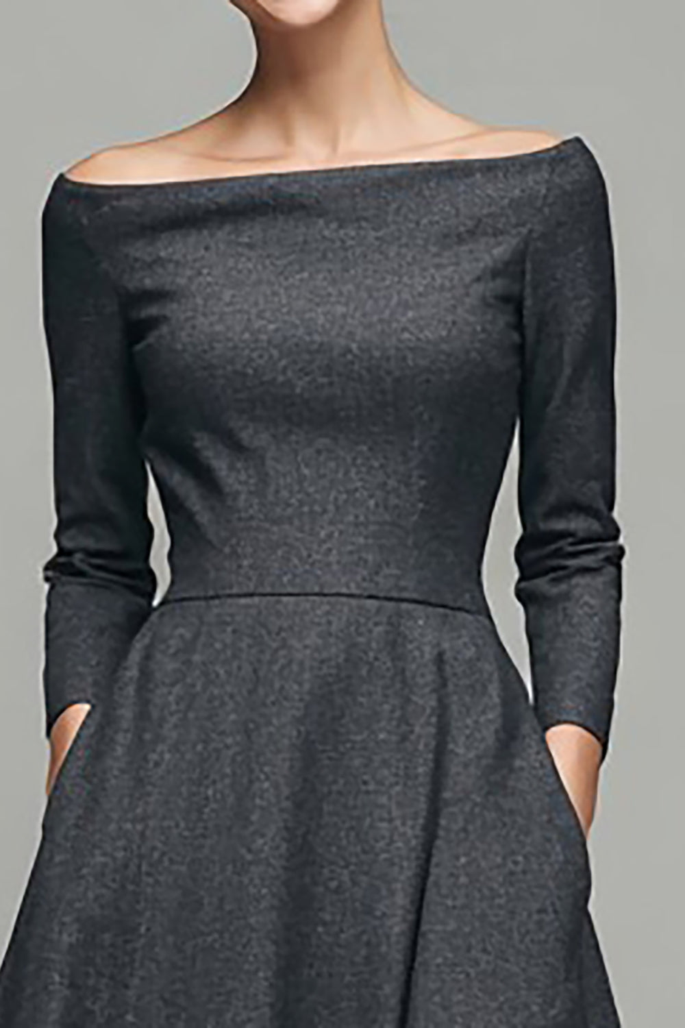 Dark Grey Off the Shoulder A-Line Midi Work Dress with Sleeves