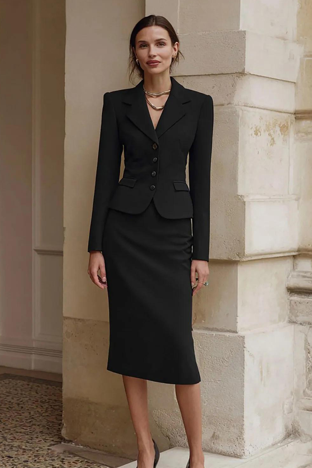 2 Piece Black Single Breasted Pencil Midi Business Suits