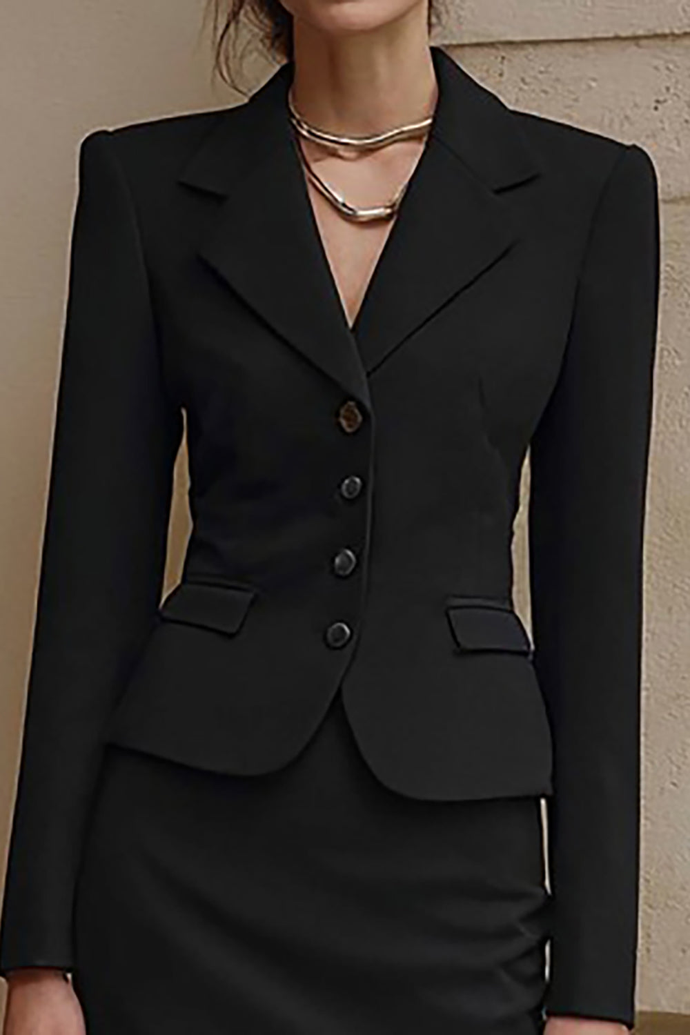 2 Piece Black Single Breasted Pencil Midi Business Suits