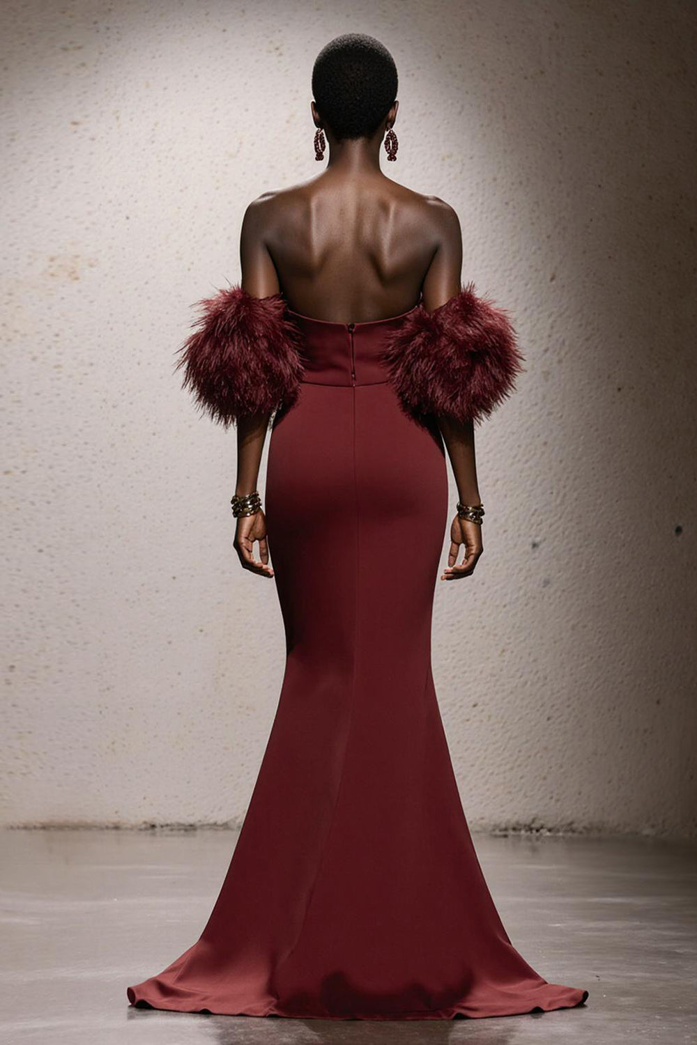 Burgundy Satin Sweetheart Mermaid Long Evening Dress with Feathers