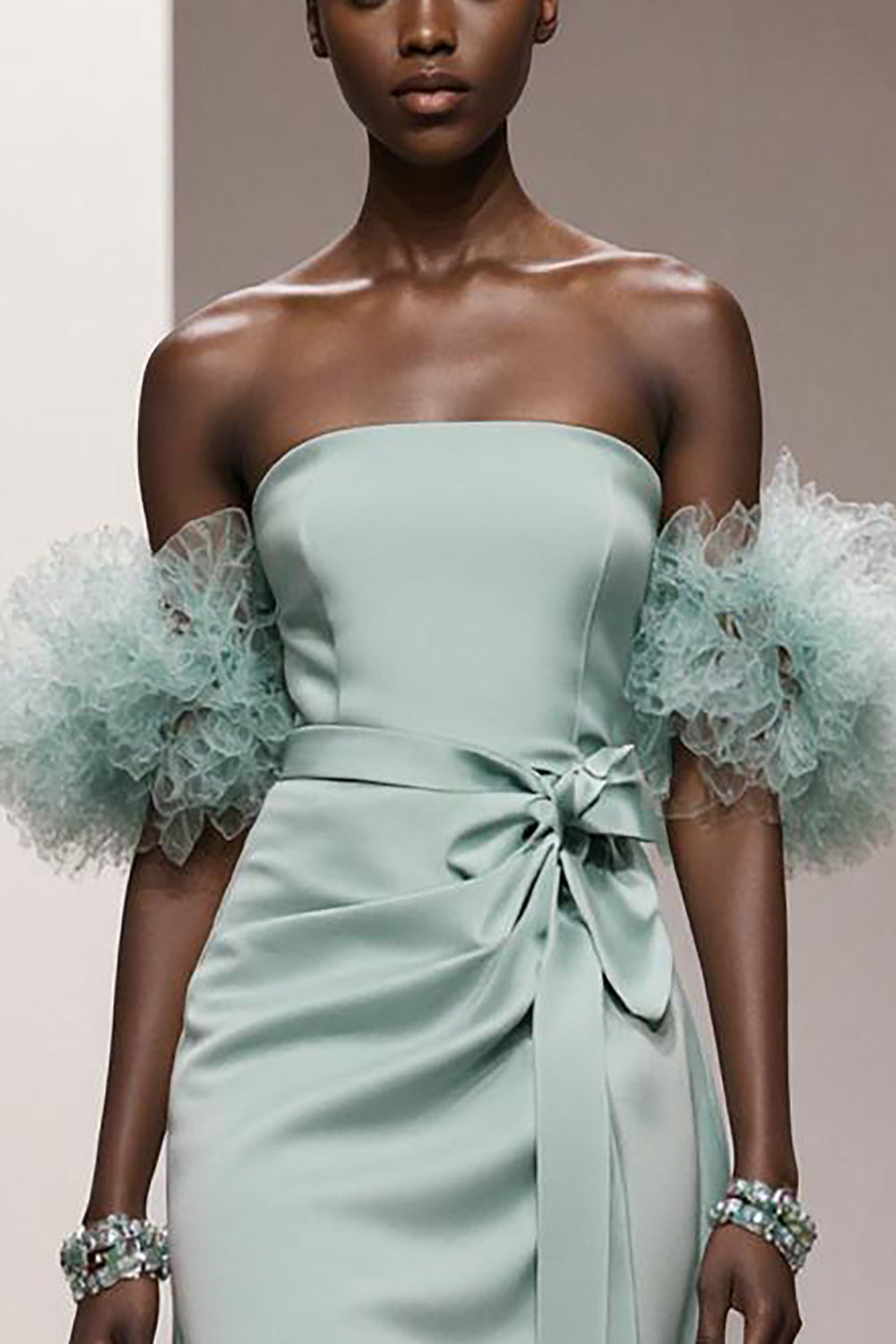 Mint Green Satin Strapless Mermaid Long Wedding Guest Dress with Sash