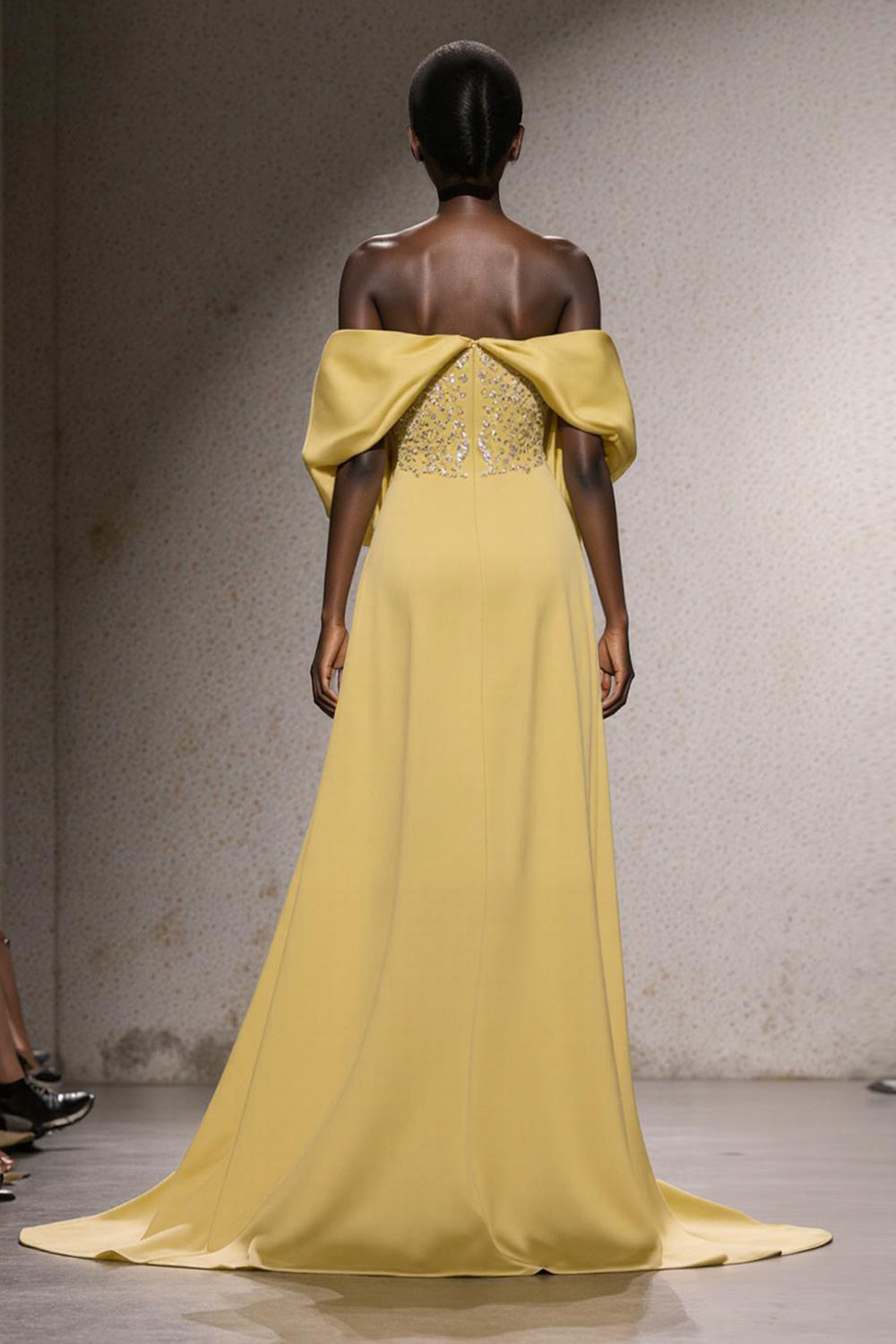 Sparkly Daffodil Mermaid Off the Shoulder Long Wedding Guest Dress with Sequins