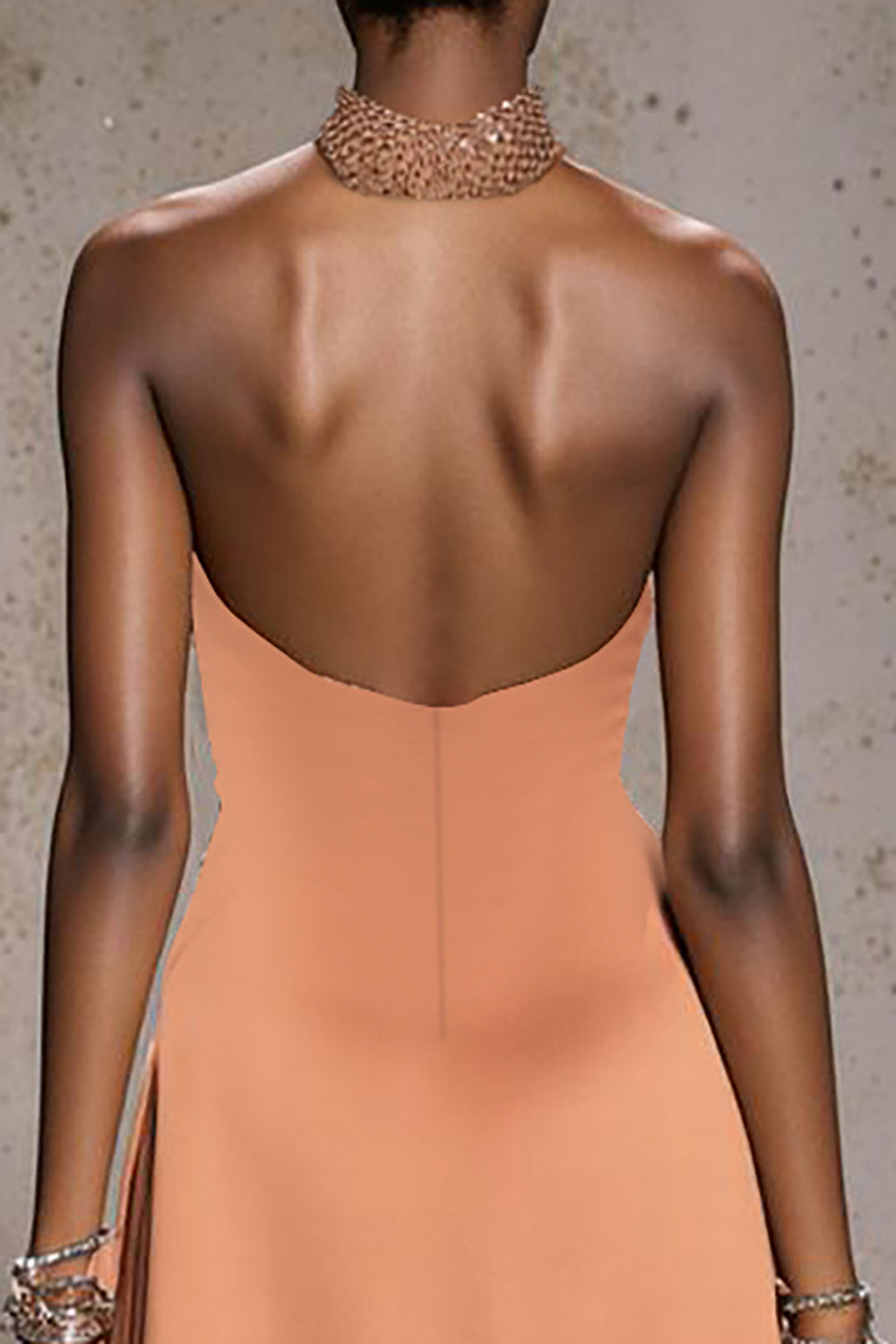 Sparkly Orange Satin Halter Mermaid Long Wedding Guest Dress with Beading