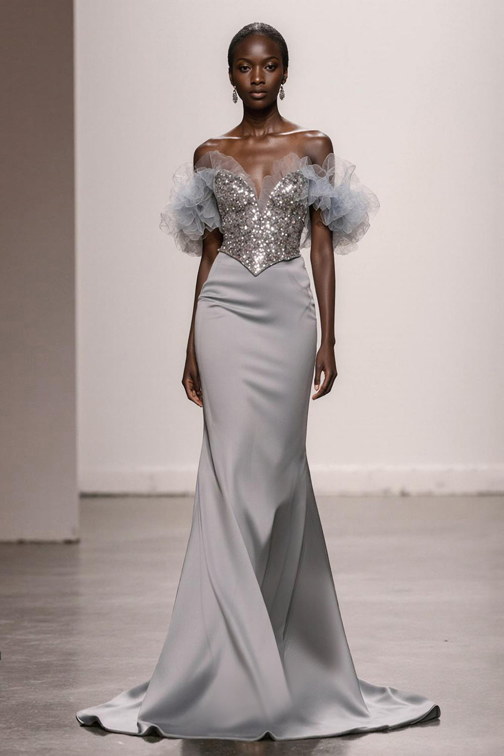 Sparkly Silver Mermaid Off the Shoulder Satin Long Holiday Party Dress with Sequins