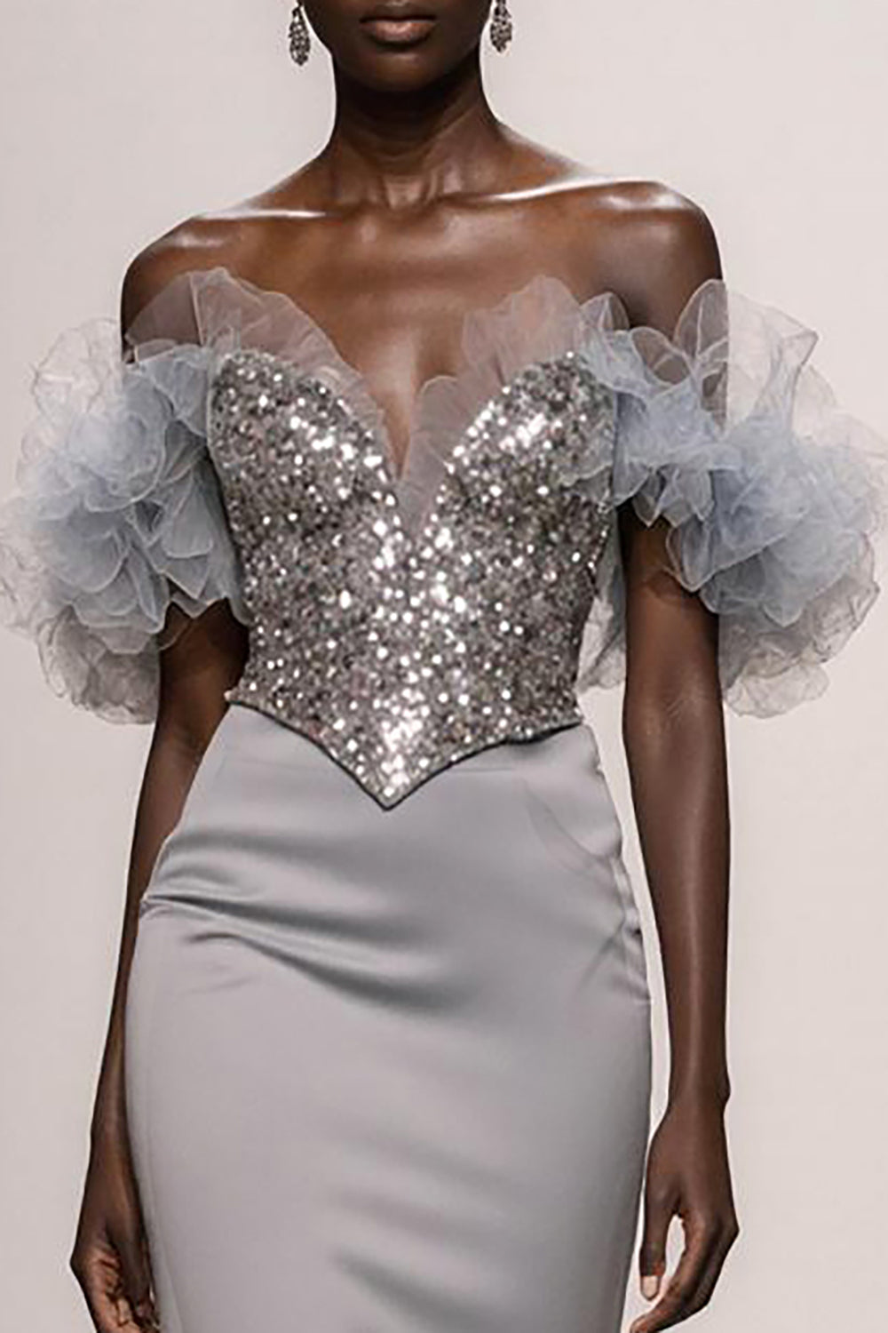 Sparkly Silver Mermaid Off the Shoulder Satin Long Holiday Party Dress with Sequins