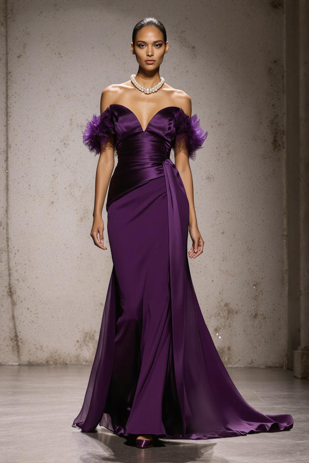 Purple Satin Mermaid Off the Shoulder Long Holiday Party Dress with Feathers