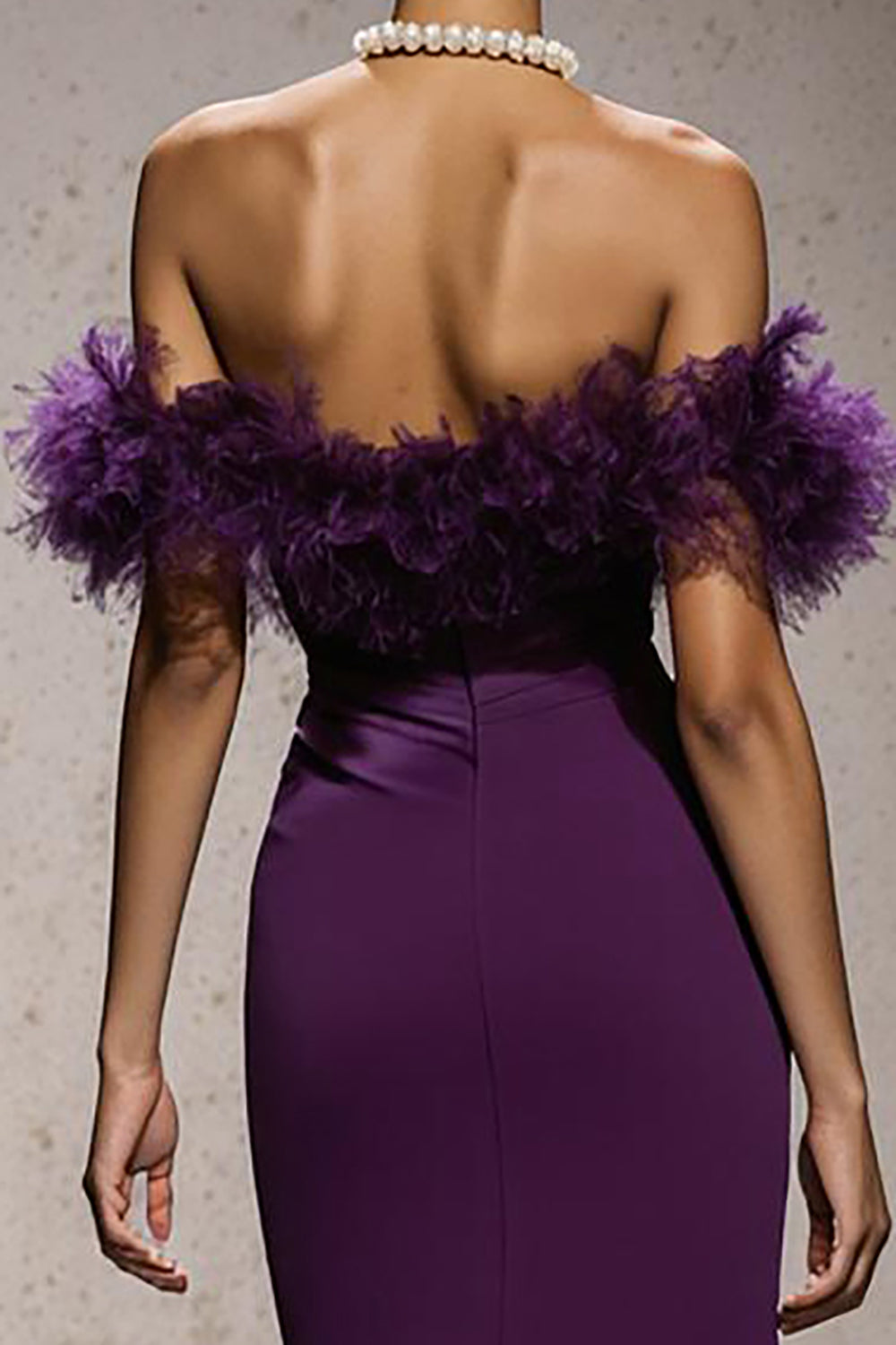 Purple Satin Mermaid Off the Shoulder Long Holiday Party Dress with Feathers