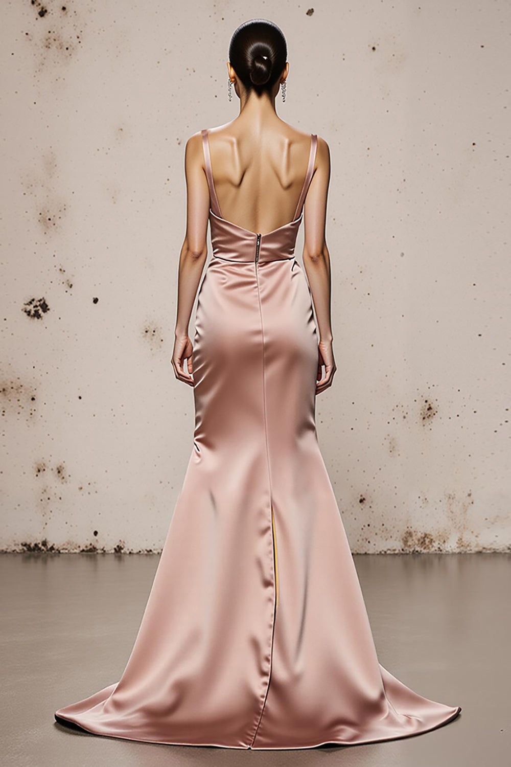 Light Pink Satin Spaghetti Straps Mermaid Long Evening Dress with Slit