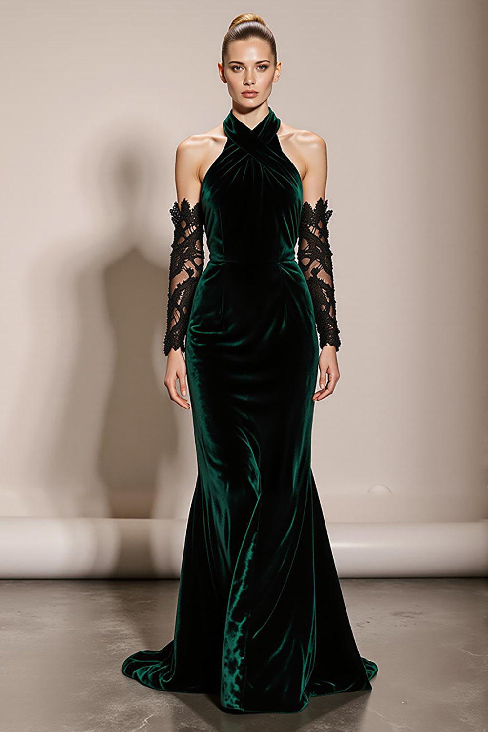 Dark Green Velvet Halter Mermaid Long Holiday Party Dress