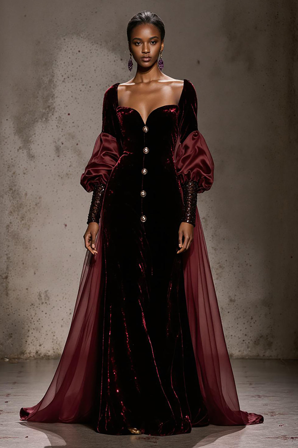 Dresstells Women Burgundy Velvet Long Holiday Party Dress with Cape Sweetheart Long Sleeves Evening Dress with Button