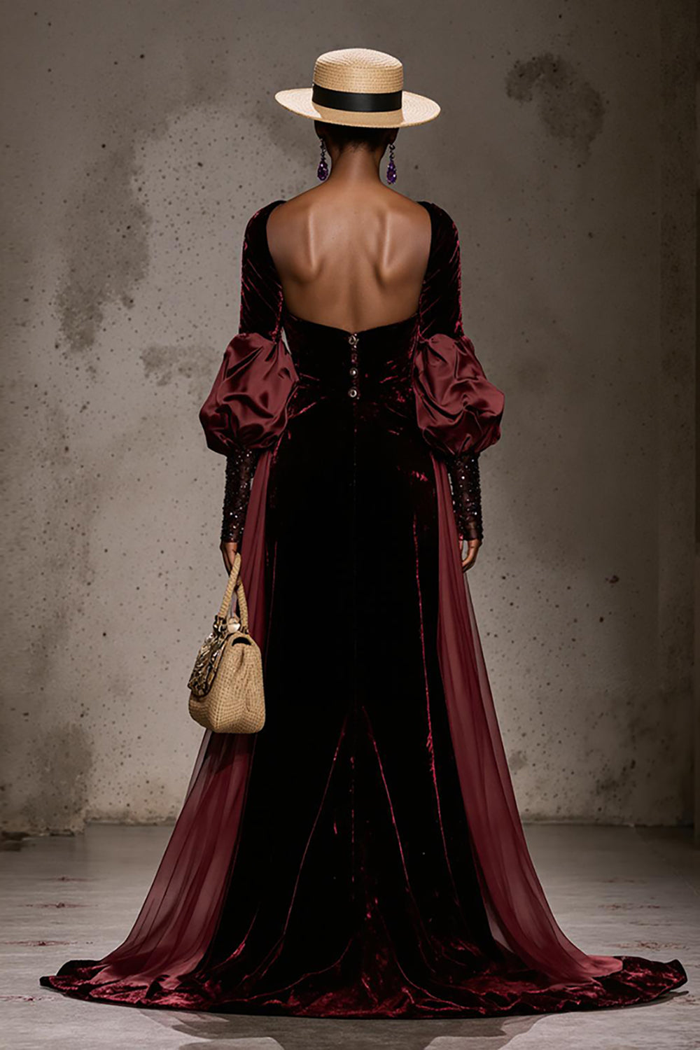 Burgundy Velvet Long Sleeves Holiday Party Dress with Cape