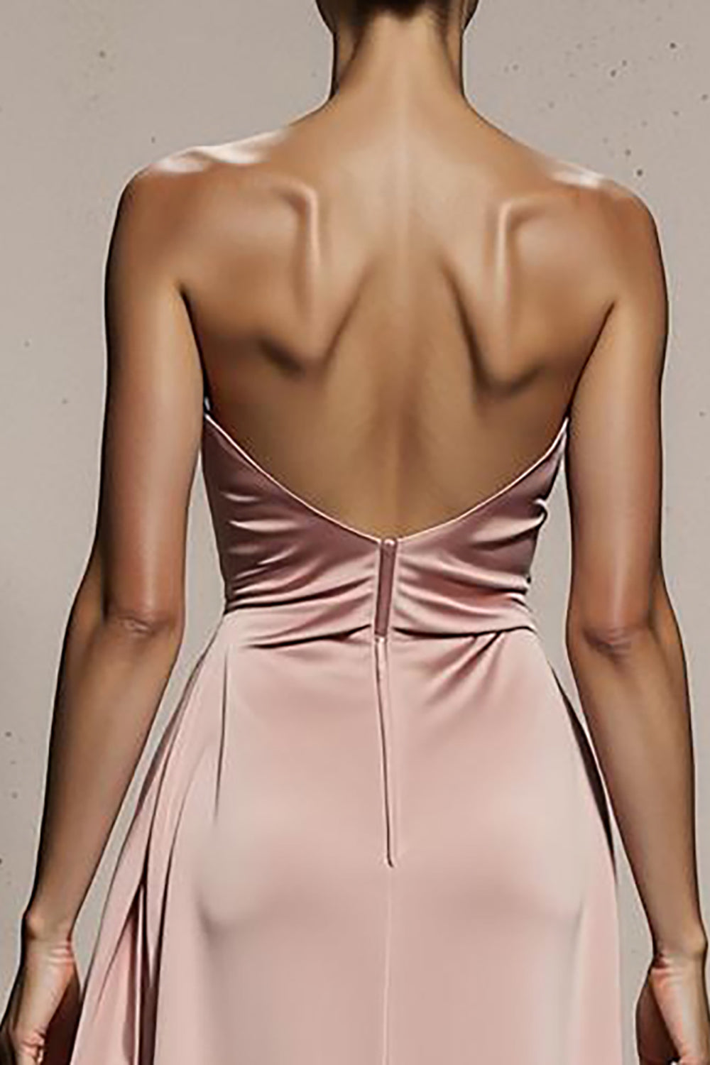 Simple Light Pink Strapless Satin Maxi Evening Dress with Slit