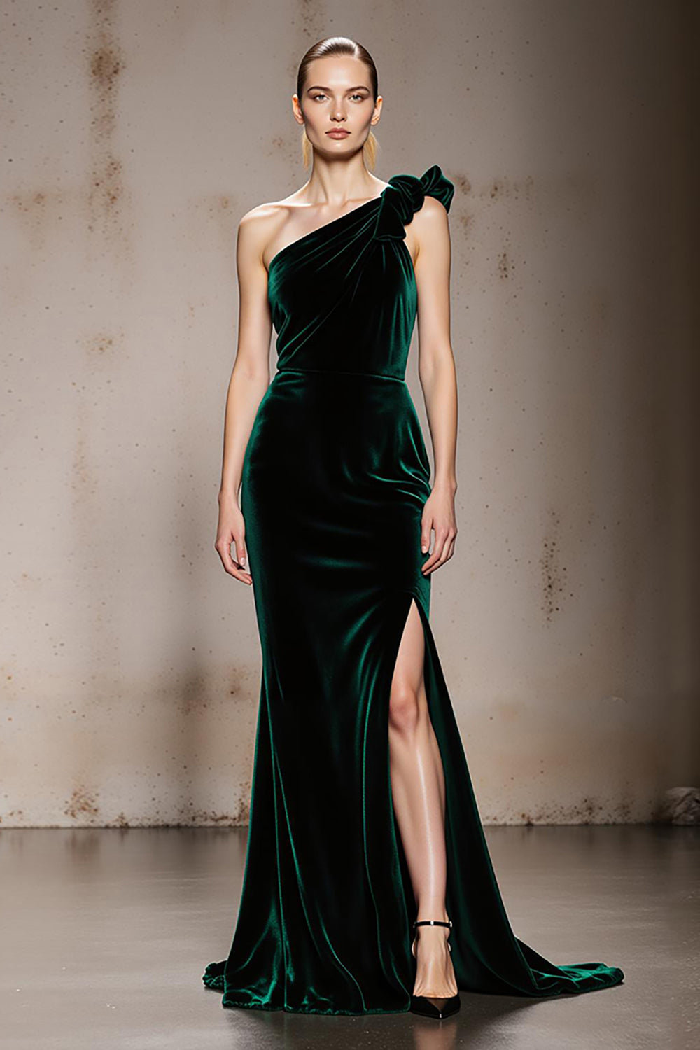 Dark Green One Shoulder Mermaid Velvet Long Holiday Party Dress with Slit