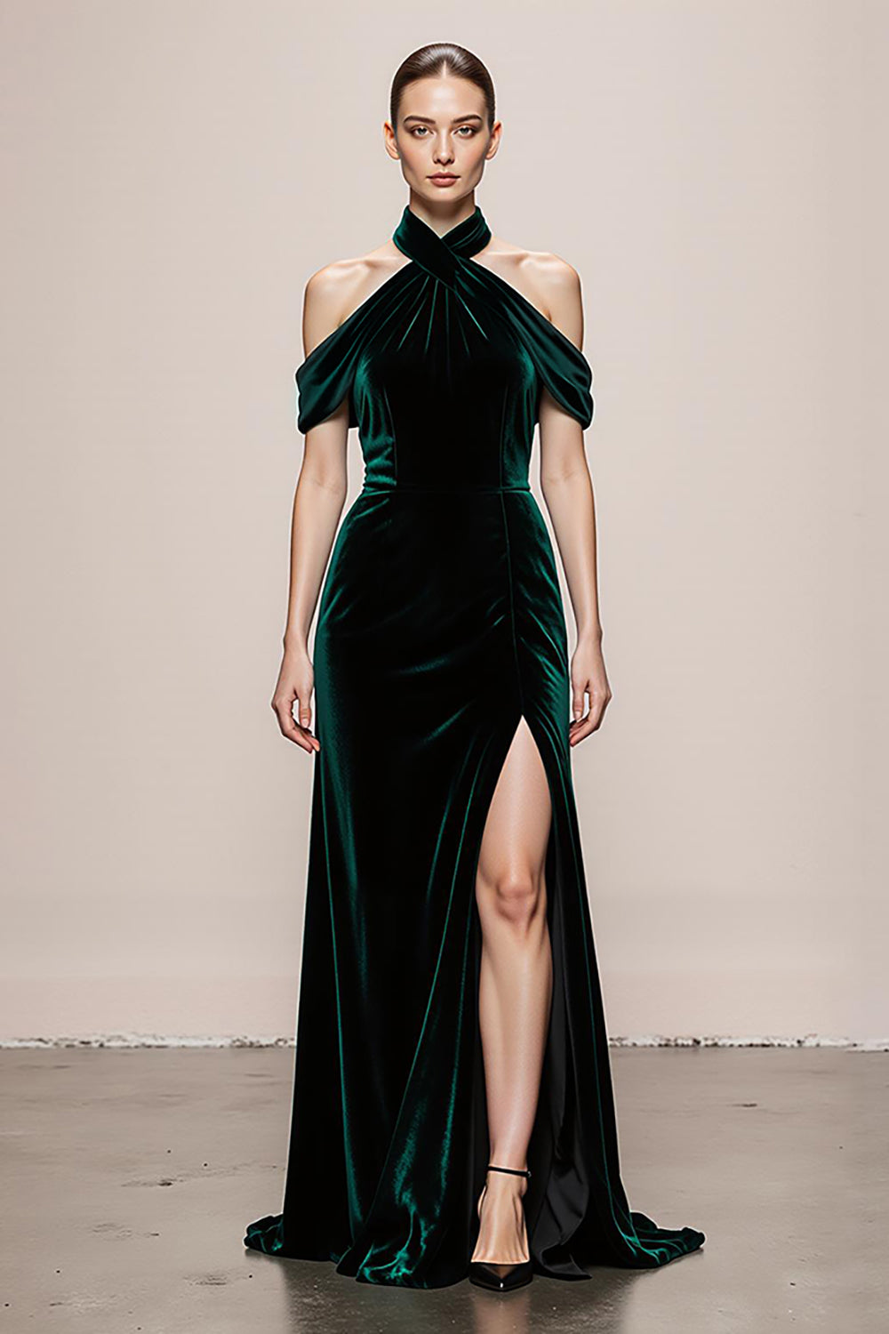 Simple Dark Green Halter Velvet Long Holiday Party Dress with Slit