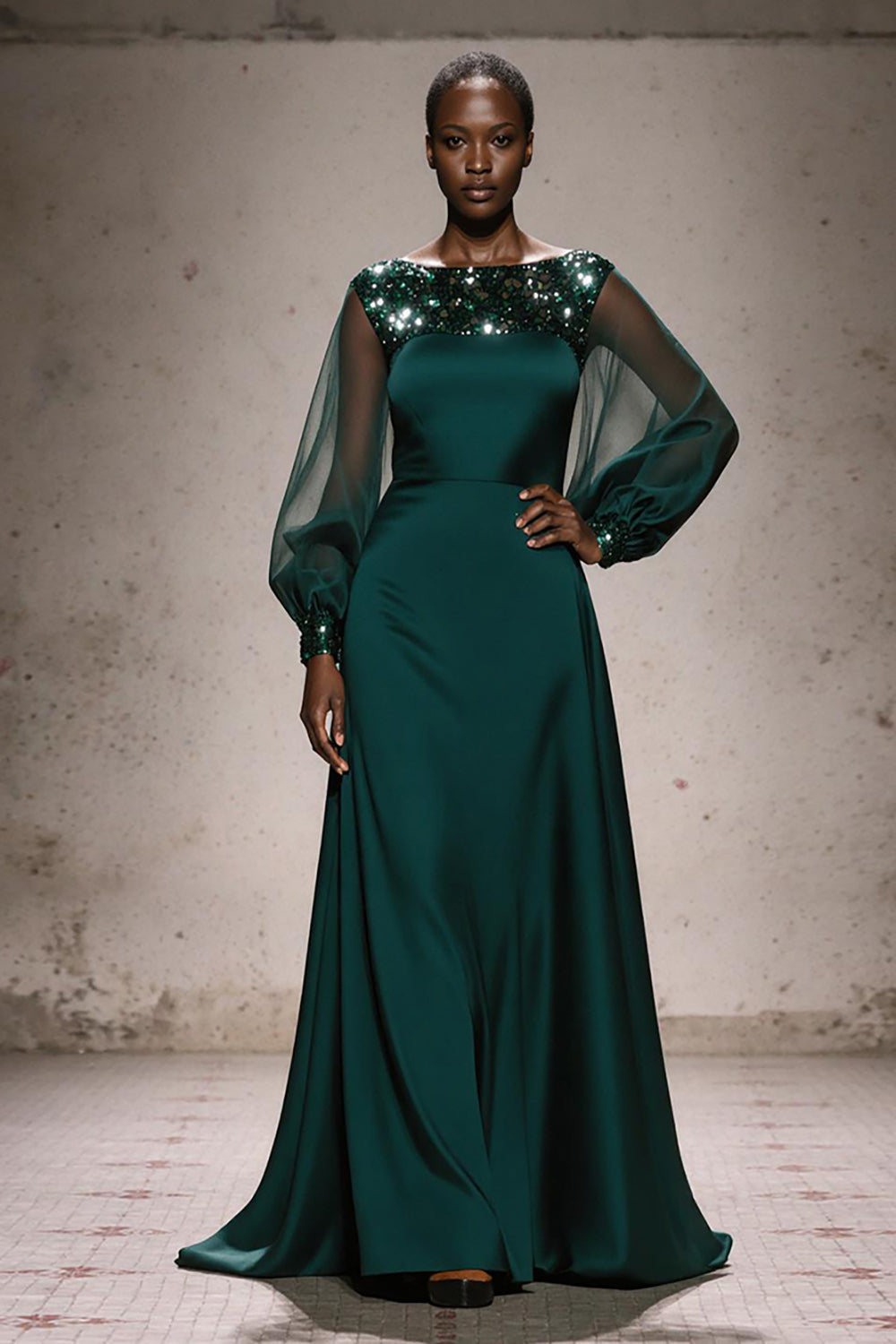 Sparkly Dark Green A Line Boat Neck Maxi Evening Dress with Sleeves
