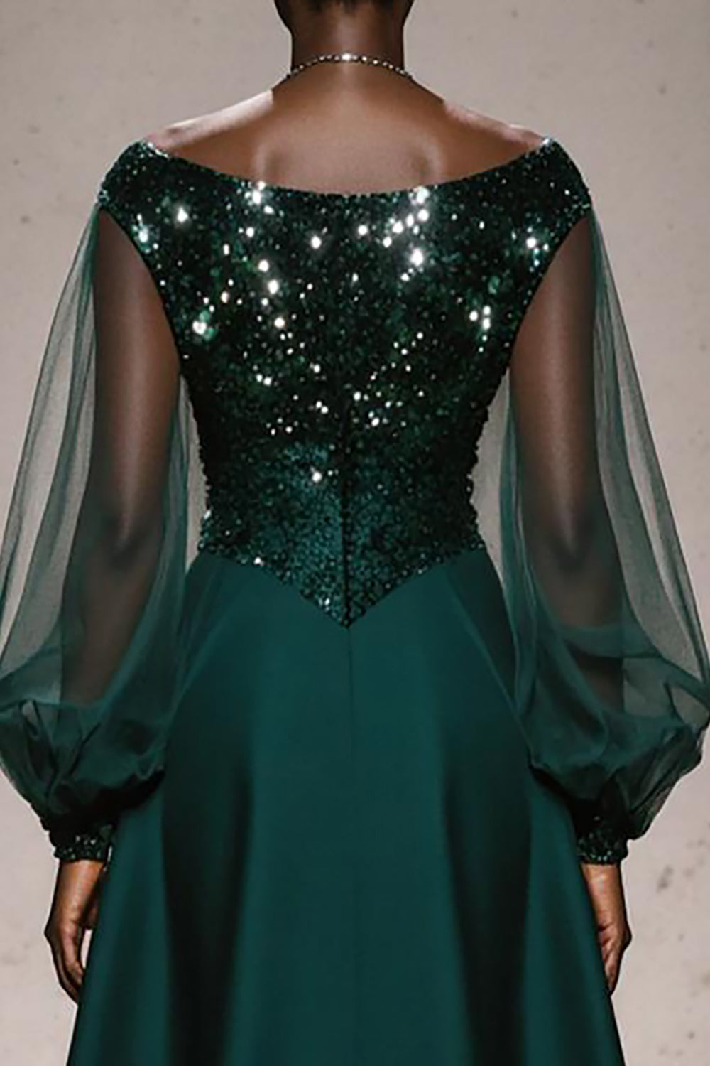 Sparkly Dark Green A Line Boat Neck Maxi Evening Dress with Sleeves