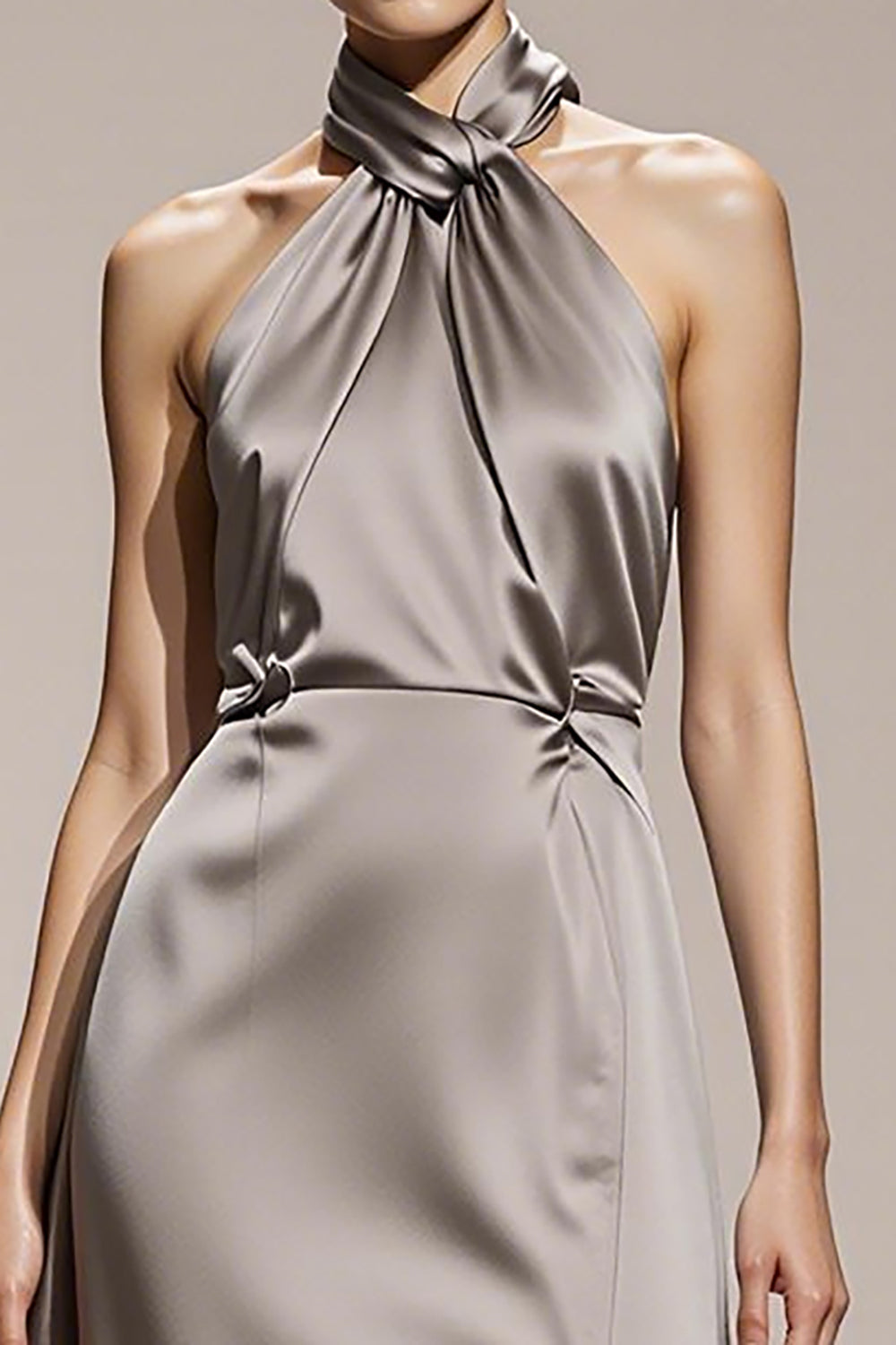 Simple Silver Satin Halter Evening Dress with Slit