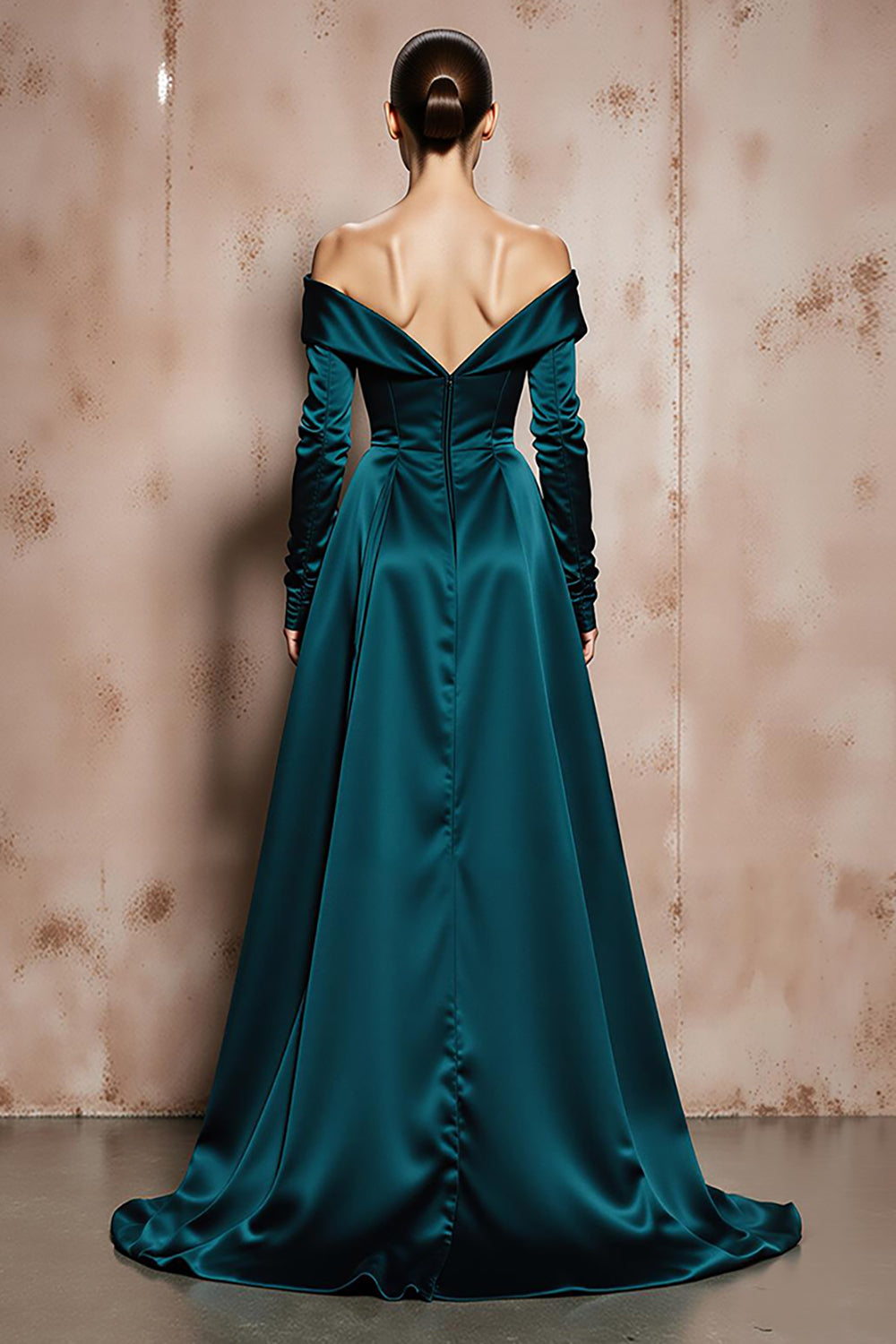 Dark Green Satin Off the Shoulder A Line Long Evening Dress with Sleeves