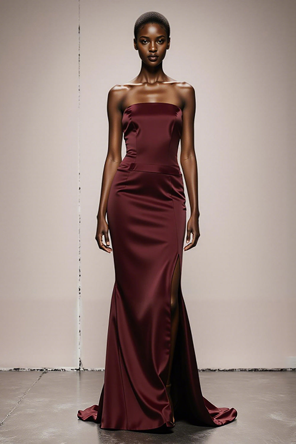 Simple Burgundy Satin Strapless Mermaid Long Evening Dress