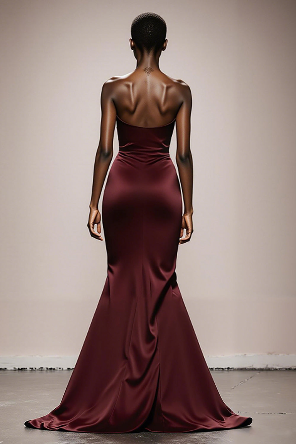 Simple Burgundy Satin Strapless Mermaid Long Evening Dress