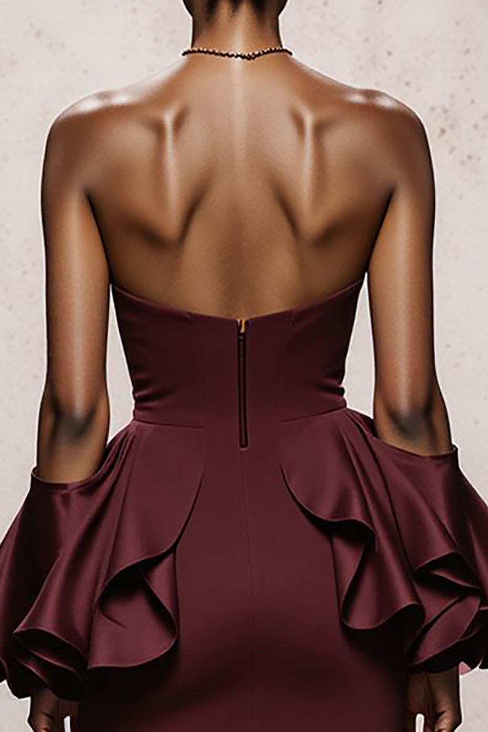 Burgundy Satin Mermaid Strapless Long Evening Dress with Ruffles