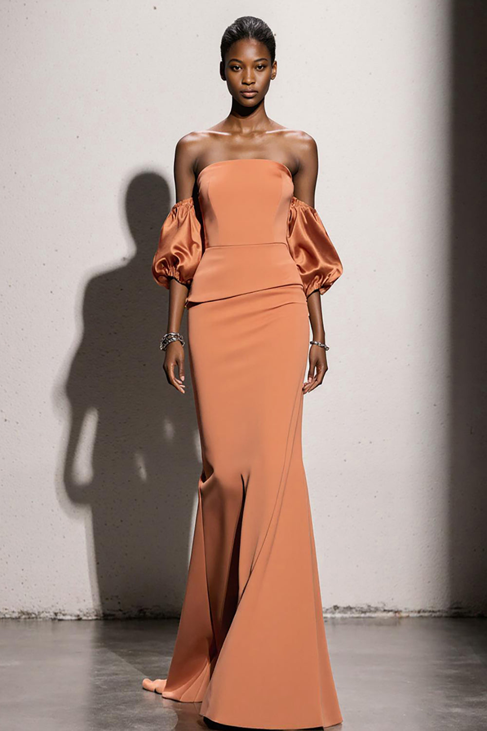 Orange Satin Mermaid Maxi Evening Dress with Sleeves
