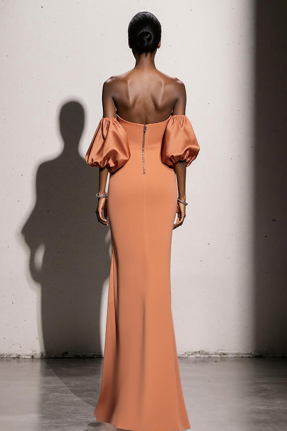 Orange Satin Mermaid Maxi Evening Dress with Sleeves
