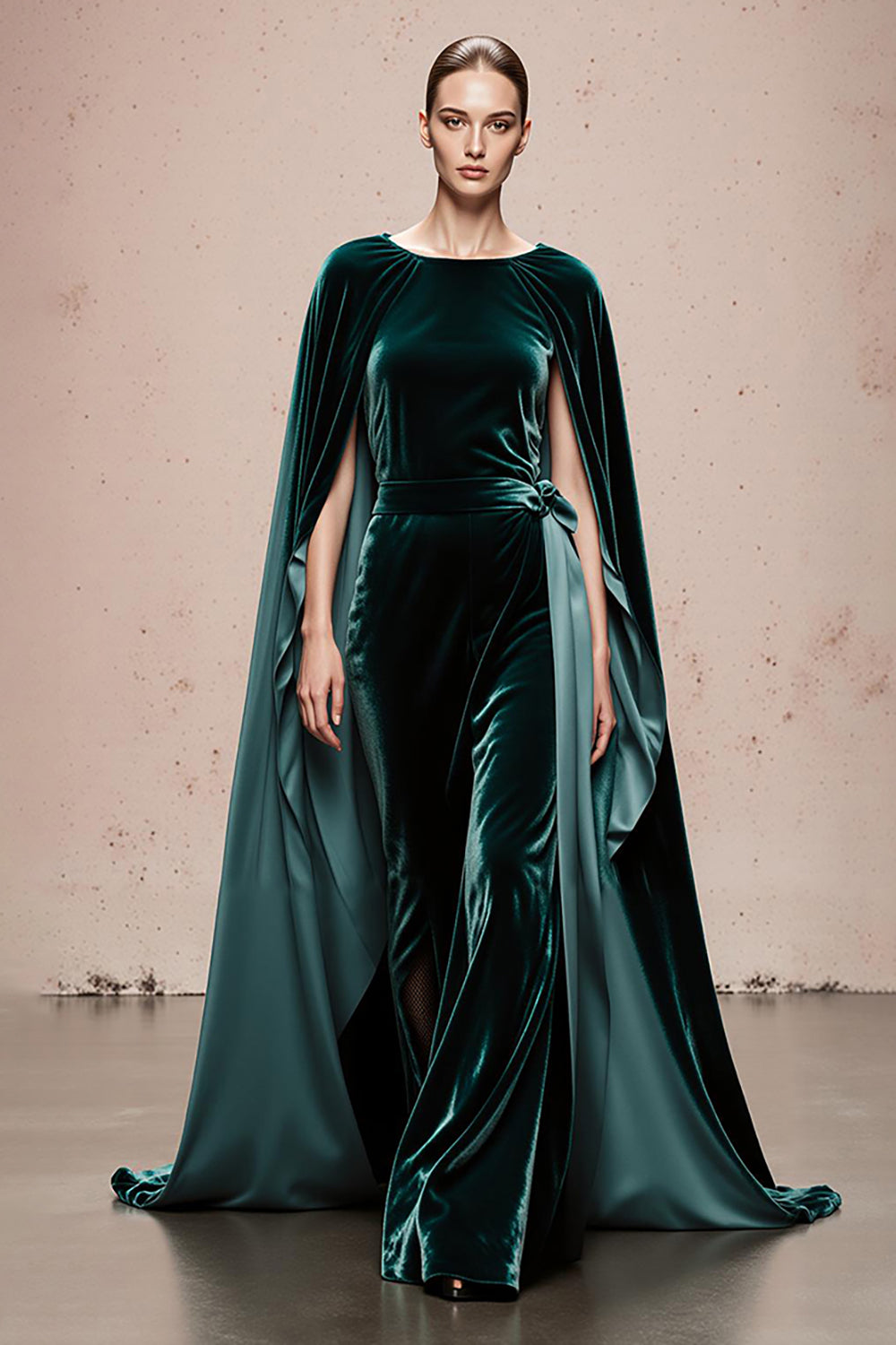 Dark Green Boat Neck Velvet Maxi Holiday Party Dress with Cape