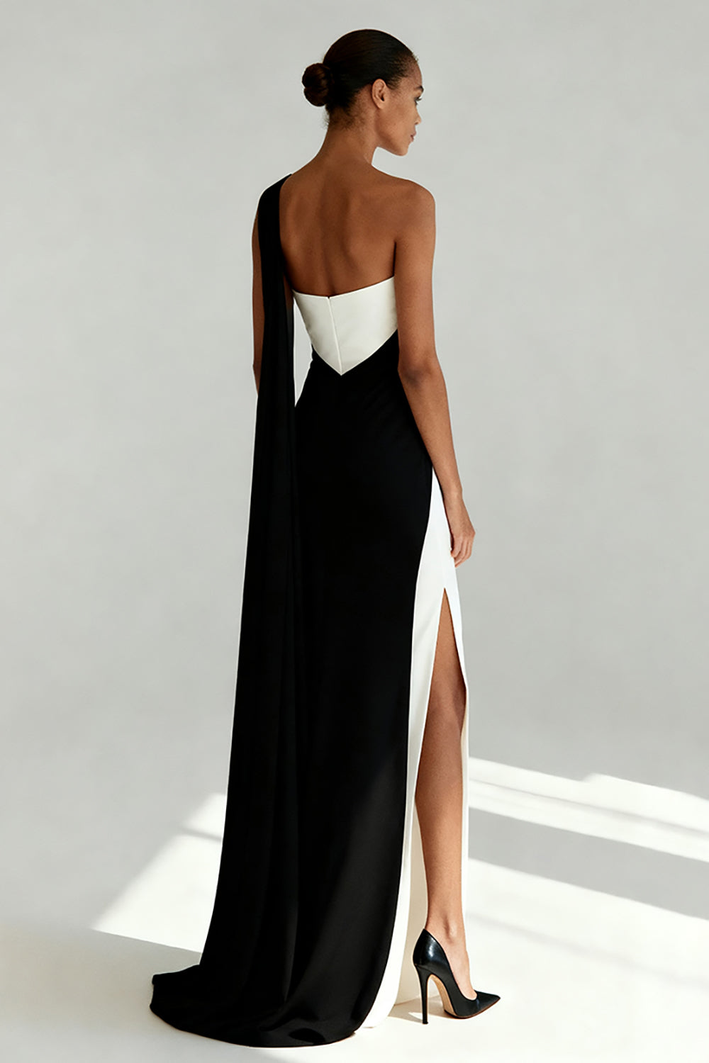 Black and White Sheath Satin One Shoulder Long Evening Dress with Slit