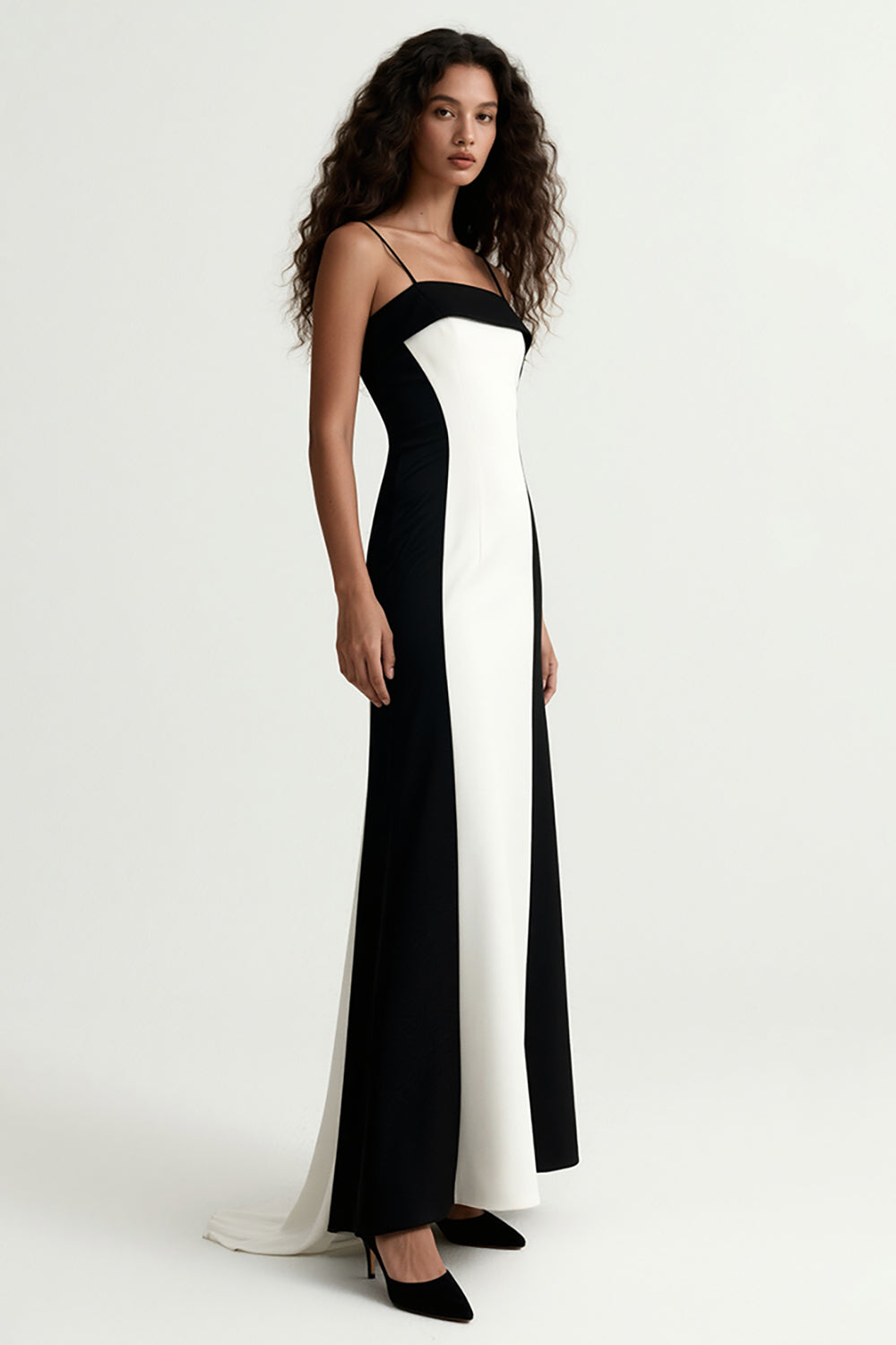 Black and White Satin Sheath Patchwork Spaghetti Straps Long Evening Dress